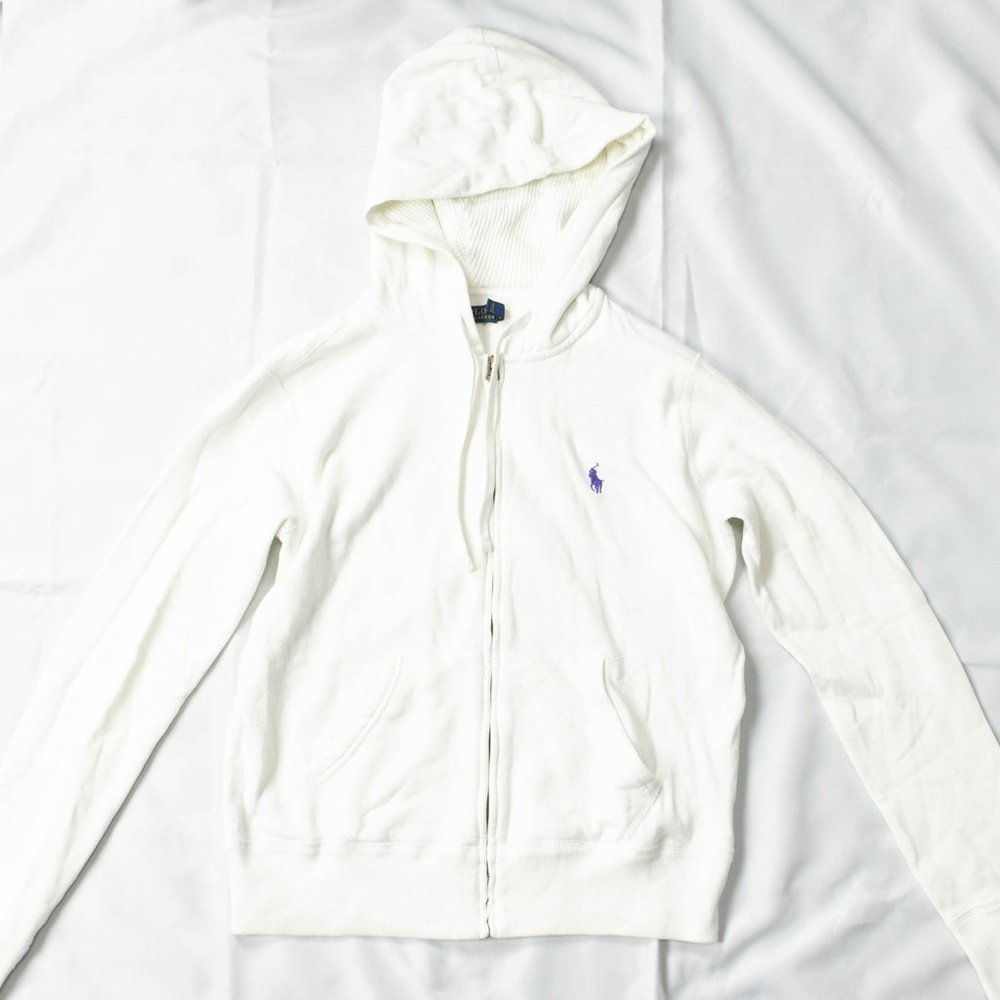 White Polo Ralph Lauren Purple Logo Embroidered Zip Hoodie Juniors Size L
